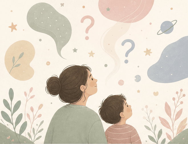 A parent and a small child looking up together at question marks and planets drifting overhead.